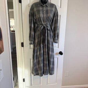 Ralph Lauren Blue Label Gray Plaid Long-Sleeve Tie-Waist Shirt Dress